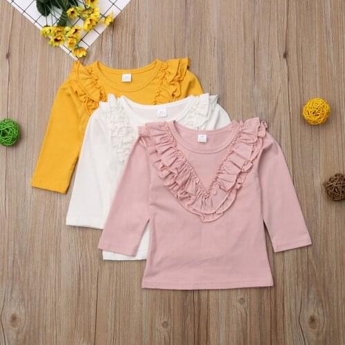 2020 New Fashion Newly Autumn Cute Causal Infant Baby Girls Clothes T-Shirts Tops Ruffles Long Sleeve Solid Pullover Cotton Tops