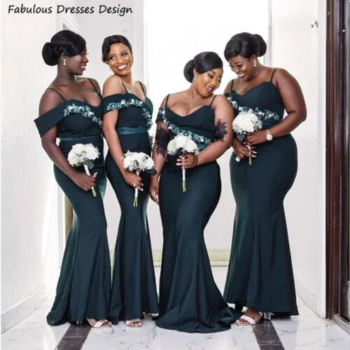 Formal Dark Navy Bridesmaid Dresses Long Mermaid Spaghetti Off Shoulder Appliques Beads Wedding Party Dress 2021 Maid Of Honor