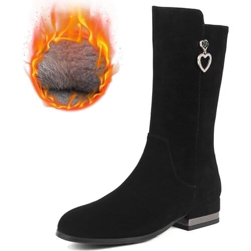 Autumn Winter Modern Boots Mid-Calf And Knee-High Elegant Boot Short Plush Warm Wool Black Women Low Heels Female Shoes Lady A1