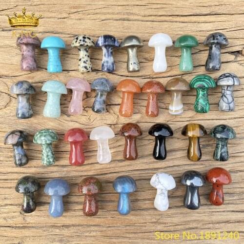 Mini Mushroom Shape Carved Stone,Small Ornament One Inch Size,Speckled Jade,Rhodochrosite,Pyrite.5 Pcs