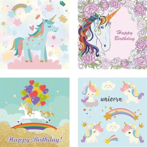 Happy Birthday Baby Flowers Rainbow Unicorn Backdrop Photo Kids Party Room Table Decoration Newborn Bath Custom Vinyl Background