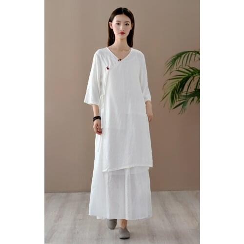 Shanghai Story Womens Linen Retro Blouse Loose Tunic Dress with Split Sides