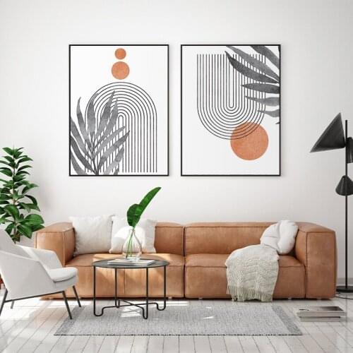 Mid Century Modern Abstract Geometric Art Print Canvas Painting Gray Plant Leaves Poster Wall Picture for Living Room Home Decor