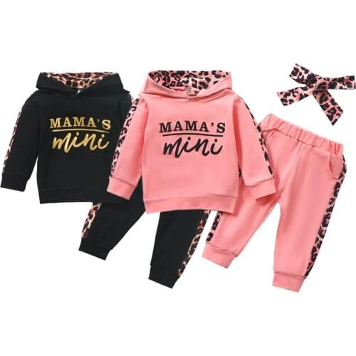 Mamas Mini Printed Girl’s Leopard Tracksuit 3 Pieces Set 2020 Autumn Long-Sleeved Hoodies Hooded Sweatshirt Pant Headband Suit