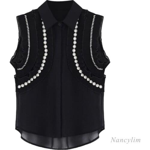 Womens Diamond Beaded Chiffon Shirt Korean Style Ladys Sleeveless Blouse Blusas Mujer De Moda 2021 White Black