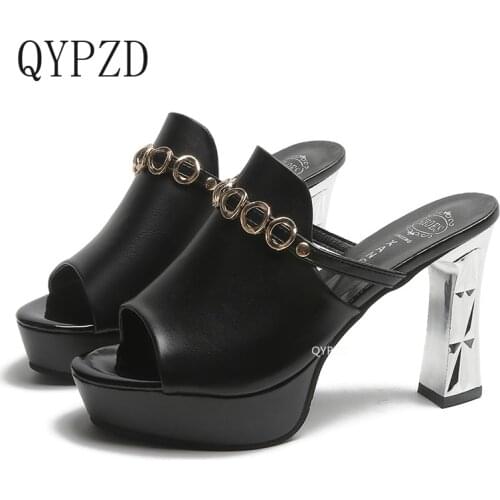 QYPZD Ladies Leather Sole Slippers Women Sexy High Heel Mules Clogs Black Peep Toe Platform Mules Emal Slip on Sandals Shoes