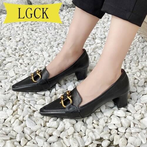 Plus Size 34-40 Heels Women Pumps Natural Genuine Leather Thick High Heel Glove Shoes Real Leather Square Toe Office Lady Shoes