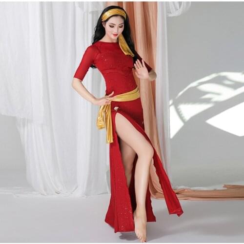 New Women Lady Belly Costume Dance Dress Oriental Sexy Split Sequins Robe For WomenS Belly Practice Dancing Dresses DWY3041