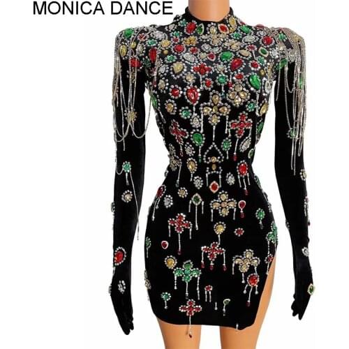Sexy Multicolor Crystals Turtleneck Black Velvet Dress Crystals Dance Costume Birthday Prom Evening Long Sleeves Gloves Dresses