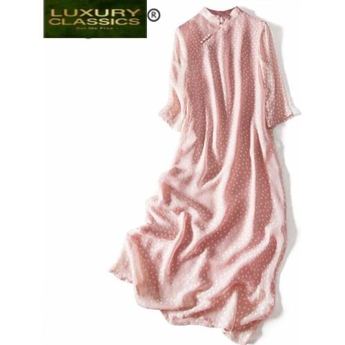 Summer New Real Silk Dress Women Clothes 2021 Vintage Pink Polka Dot Long Dresses Woman Elegant Boho Party Vestidos A1119