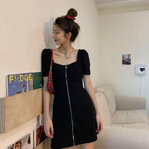 Women Dresses Dress Summer Square Collar Zipper Short Sleeve Vestido De Mujer Femme Robe