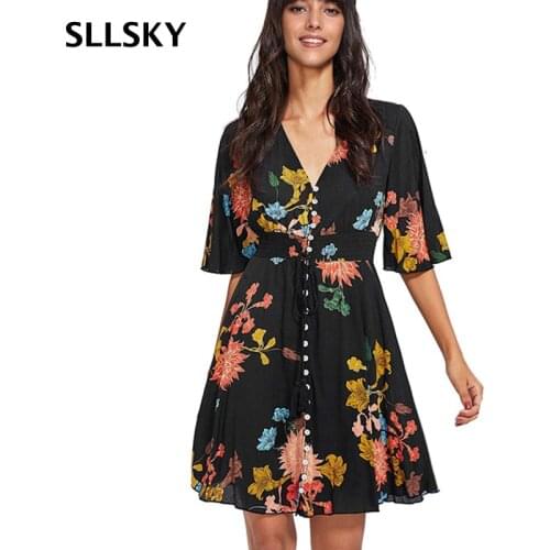 SLLSKY Casual Flower Printted Womens Dress 2021 Summer Flare Half Sleeve V-Neck Female Dress Sashes Single Breasted Mini Dress