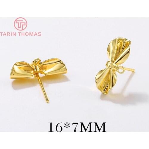 10PCS 16x7MM Hole 1MM 24K Gold Color Brass Bow Knot Stud Earrings High Quality Diy Jewelry Findings Accessories