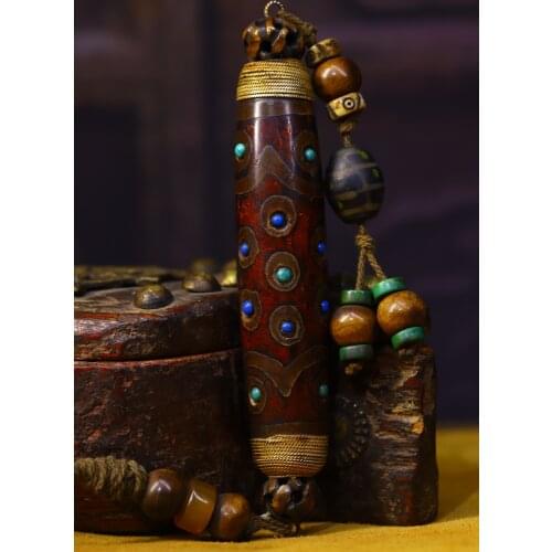 5" Tibet Buddhism Old Natural agate gZi Beads mosaic Gem Filigree Multi-eyed red Dzi Bead Pendant Exorcism Ward off evil spirits