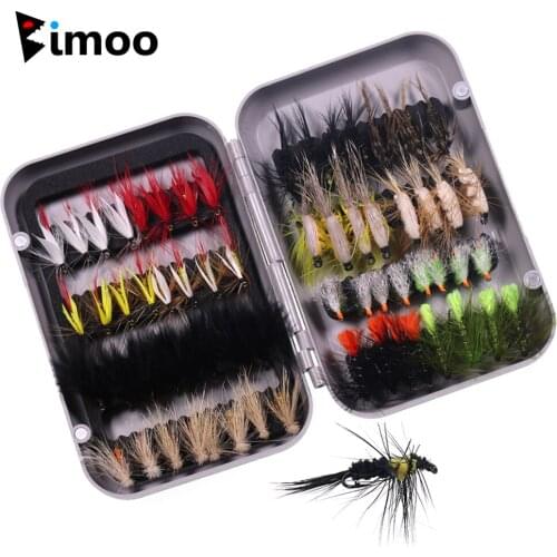 Bimoo 64pcs/Box Assorted Trout Fly Fishing Flies Kit Nymph Dry Flies Insects Brown Brook Trout Grayling Fishing Fly Lures Bait