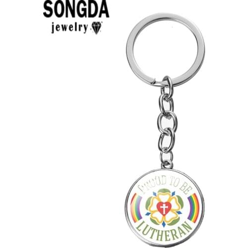 SONGDA Proud to be Lutheran Pattern Key Chain Two Color Glass Cabochon Style Long Key Chain Jewelry Gift Car Key Trinket Pendant