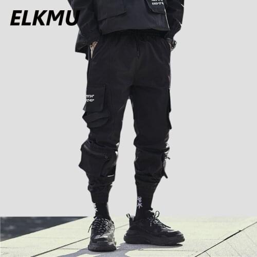 ELKMU Streetwear Black Cargo Pants Joggers Men Fashion Hip Hop Harajuku Tactical Pants Pockets HipHop Ankle Length Pant HE177