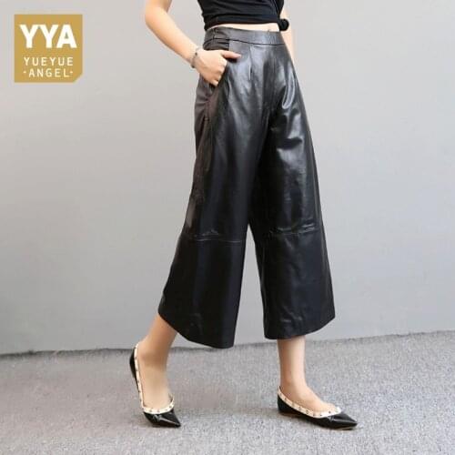 Free Shipping Black Genuine Sheep Leather Pants 100% Lambskin Wide Leg Pants Leather Trousers Pantalon Femme Pantalones Mujer