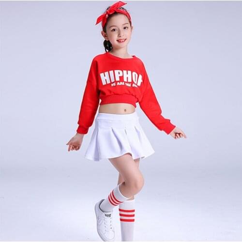 Children Jazz Dance Wear Suit Long Sleeves Red Top+Skirt With Socks School Cheerleader Uniform Kids Team Dance Costumes