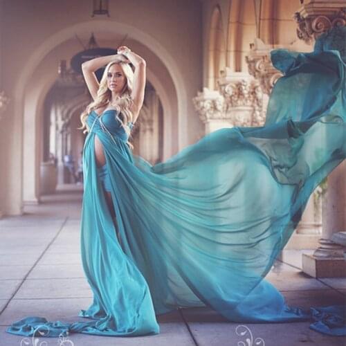 2021 Long Maternity Dresses for Photo Shoot Maxi Gown Split Side Blue Women Pregnant Photography Props Long Pregnancy Dress