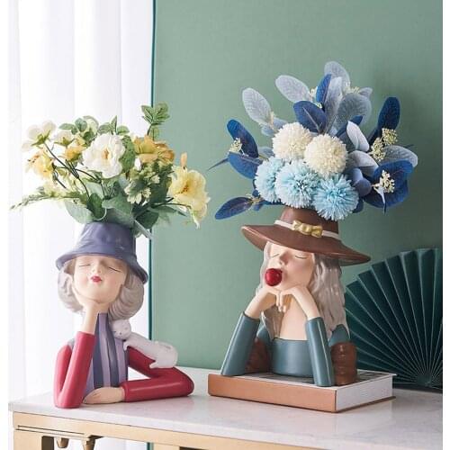 Creative Girl Ornaments Sculpture Statue Dry Flower Vase Bouquet Living Room TV Cabinet Flower Arrangement Modern Home Decor