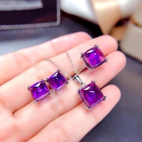 Best Gift 100% Real Natural Amethys Set 925 Sterling Silver 1pc Amethys Ring,2pcs Amethys Earring,1pc Amethys Pendant