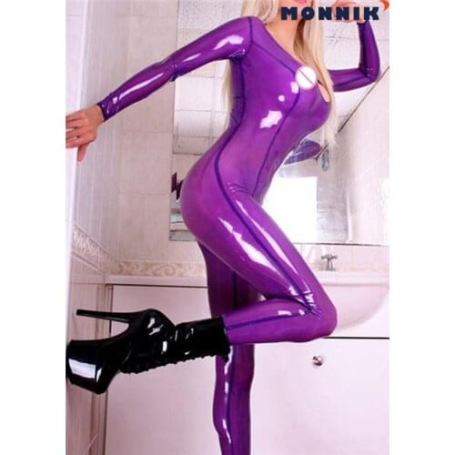 MONNIK latexSexy Latex Catsuit Transparent Purple Rubber Bodysuits Women Clubwear Customize