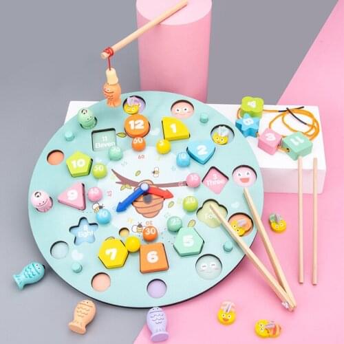 Cartoon Magnetic Fishing Montessori Educational Toys Kids Wooden Beaded Digital Clock Puzzles Parent-Child Chess Matching Game
