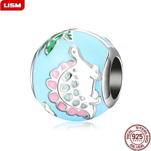Genuine 925 Sterling Silver Little Dinosaur Colorful Enamel Beads Charm fit Bracelets Bangles DIY Jewelry Making