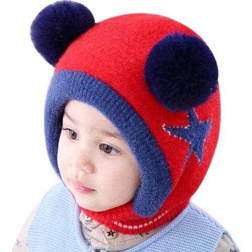 Baby Hat Childrens Knit One-pieces Earmuff Ear Hat Fashion Double Ball Windproof Thicken Warm Hats for Kids Baby Winter Hats