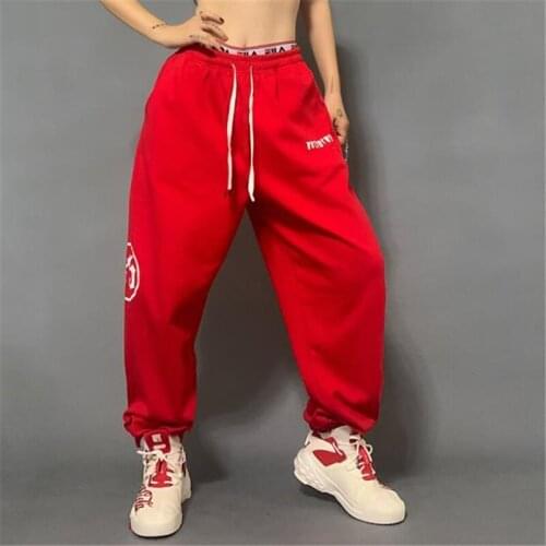 Hip Hop Womens Joggers Pants Loose Jazz hiphop Sweatpants Streetwear Woman Lady Girl Bottoms Trousers Elastic Waist White Red
