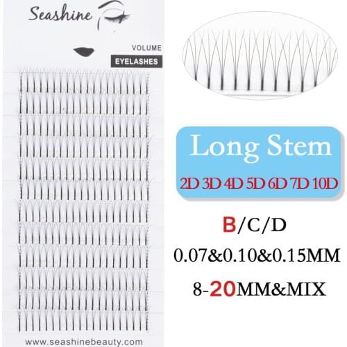 Seashine Lashes 1 Tray Long Stem Russian Volume Lashes Extensions B C D Curl 0.15mm Thickness Premade Fans Eyelashes Extensions
