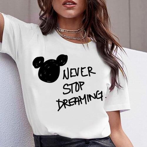 Disney Mickey Mouse T shirt Women 2021 Fashion European Never Stop Dreaming Instagram Clothes Summer Short Sleeve White Trend