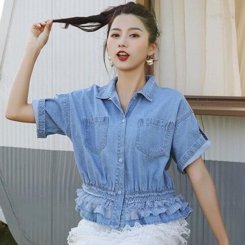 2020 summwe women Denim shirts Washed Blue Jeans tops Turn-down Collar short sleeves ruffles hem loose shirts JC196