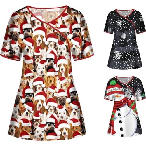 Women Thanksgiving Tunic Shirts Nurse Nursing Short Sleeve V-neck Tops Working Uniform Christmas Blouse Clothes wholesale