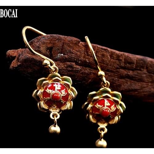 Real s925 pure silver woman earrings gold-plated burnt blue eight-petal lotus earrings ethnic style ladies prayer wheel earrings