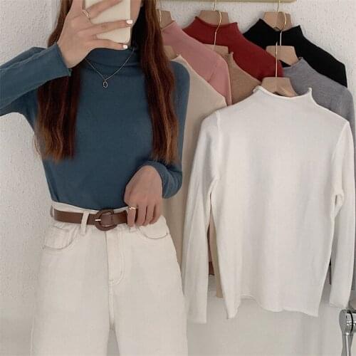 2021 autumn and winter new personality curled basic knit half high neck pullover bottoming sweater women