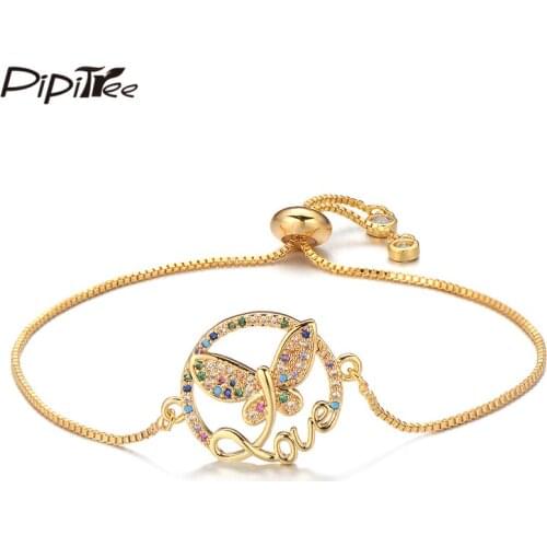 Pipitree Beautiful Love Letter Butterfly Bracelet Female Adjustable Chain Cubic Zircon Bracelets for Women Lover Girls Jewelry