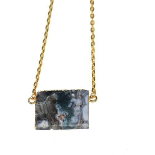 2019 New Style Jewelry Big Natural Slice Sun Agates connector girl necklace gold bezel stone slab pendant chain necklace women