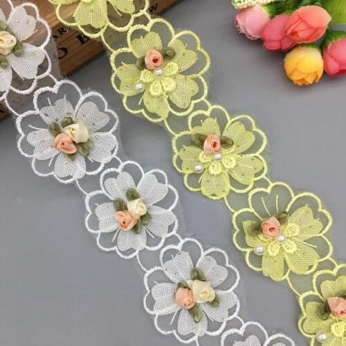 1 yard 3D Pearl Rose Flower Embroidered Lace Trim Ribbon Fabric Tulle Dentelle Wedding Dress Clothes DIY Sewing Supplies Craft