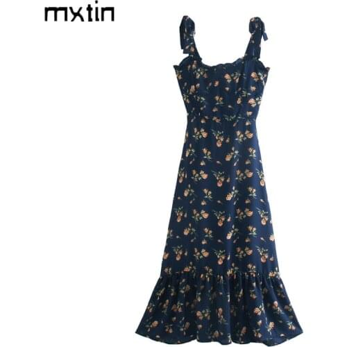 2021 Summer Sexy Sleeveless Floral Print Midi Dress Women Vintage Bow Tie Backless Spaghetti Strap Elegant Party Female Dresses
