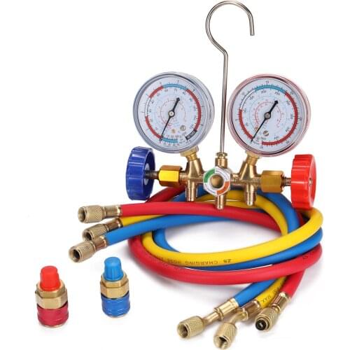 3 Way Refrigerant Gauge AC Diagnostic Manifold Freon Gauge Set for R134A R12 R22 R502 Refrigerants with Couplers and Acme