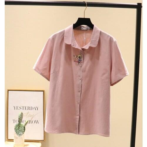 Plus size blouses tunics shirts 2021 fashion floral embroidery short sleeve turn-down collar summer Womens t-shirts white pink