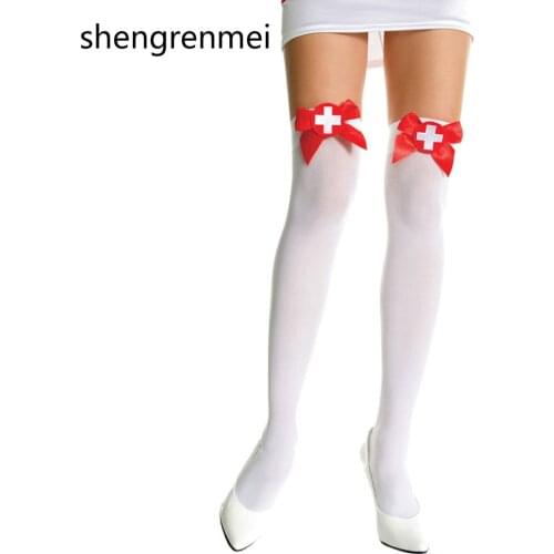 Shengrenmei 2019 Sexy White Nurse Maid Fantasy Role Play Thigh-High Stockings with Red Bow Top Erotic Lingerie Cosplay Costume