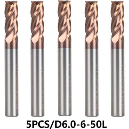 HRC55 5pcs/lot D6-6-50 Coated TiAIN ToolsTungsten Steel End Mills 4 Flute Flattened Head Milling Cutters Carbide End mills