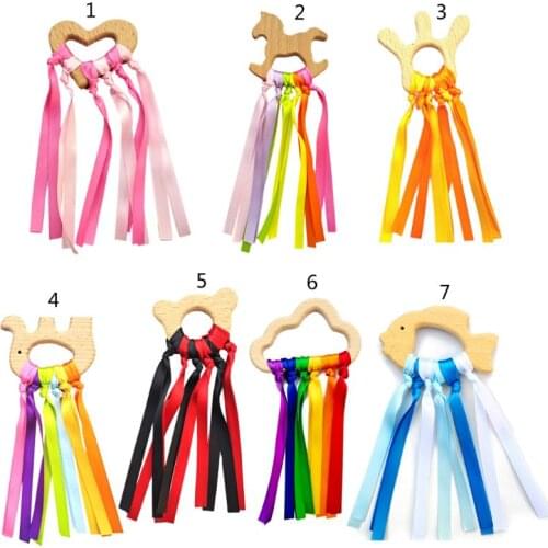 Rainbow Natural Wooden Ribbon Ring Waldorf Toys Baby Teether Newborn Sensory Toy