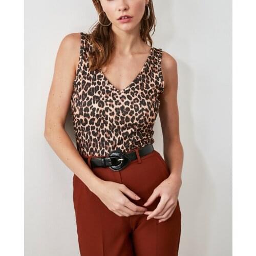 Brown Leopard Patterned 95% Cotton Knitted Sleeveless Bodysuit Stretch Slim Women new season bodysuits sexy