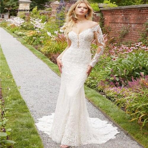 2021lace long mermaid bridal gown, boho long-sleeved fishtail bag hip beige sexy v-neck tail wedding dress BespokeWeddingDresses