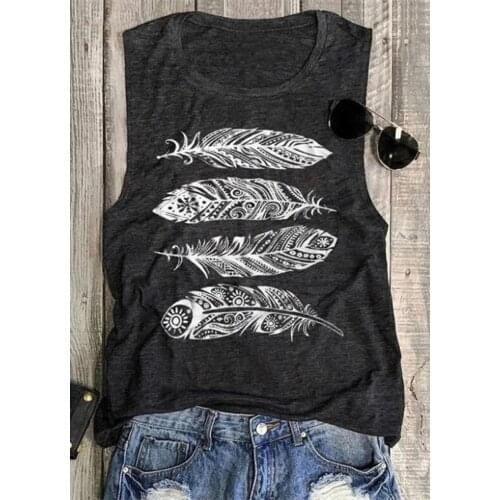 Summer Tank Top Women Feather Print Top Casual Loose O-neck tshirt Sleeveless Tee 2020 New Gray Women Clothes Summer Tops