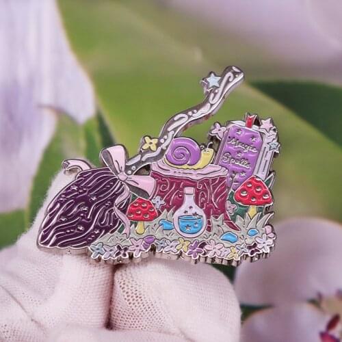 Cartoon snail on theTree stump with mushroom Enamel Pin Brooch Magical Witchcraft Spell Book Wizard Badge